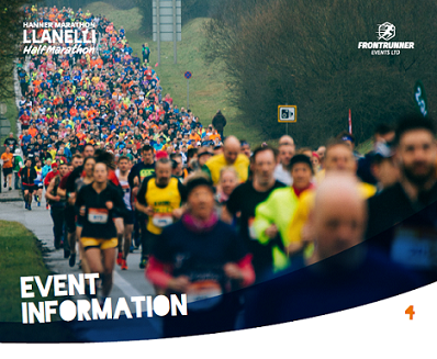 A snapshot of the 'event information' page from the llanelli half marathon race guide. There's a stream of runners in almost all the colours of the rainbow